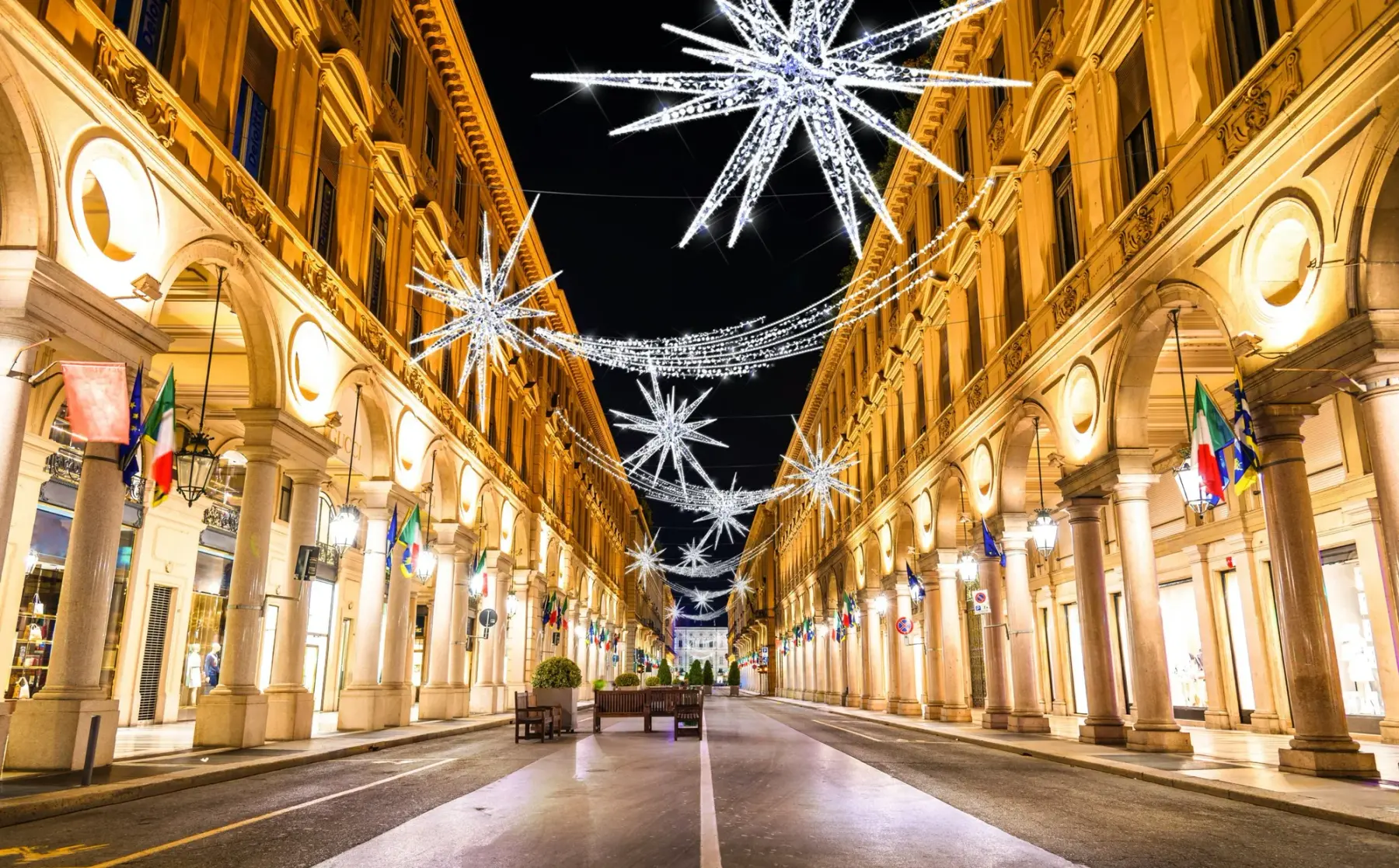 Illuminated commercial holiday display lighting a public space