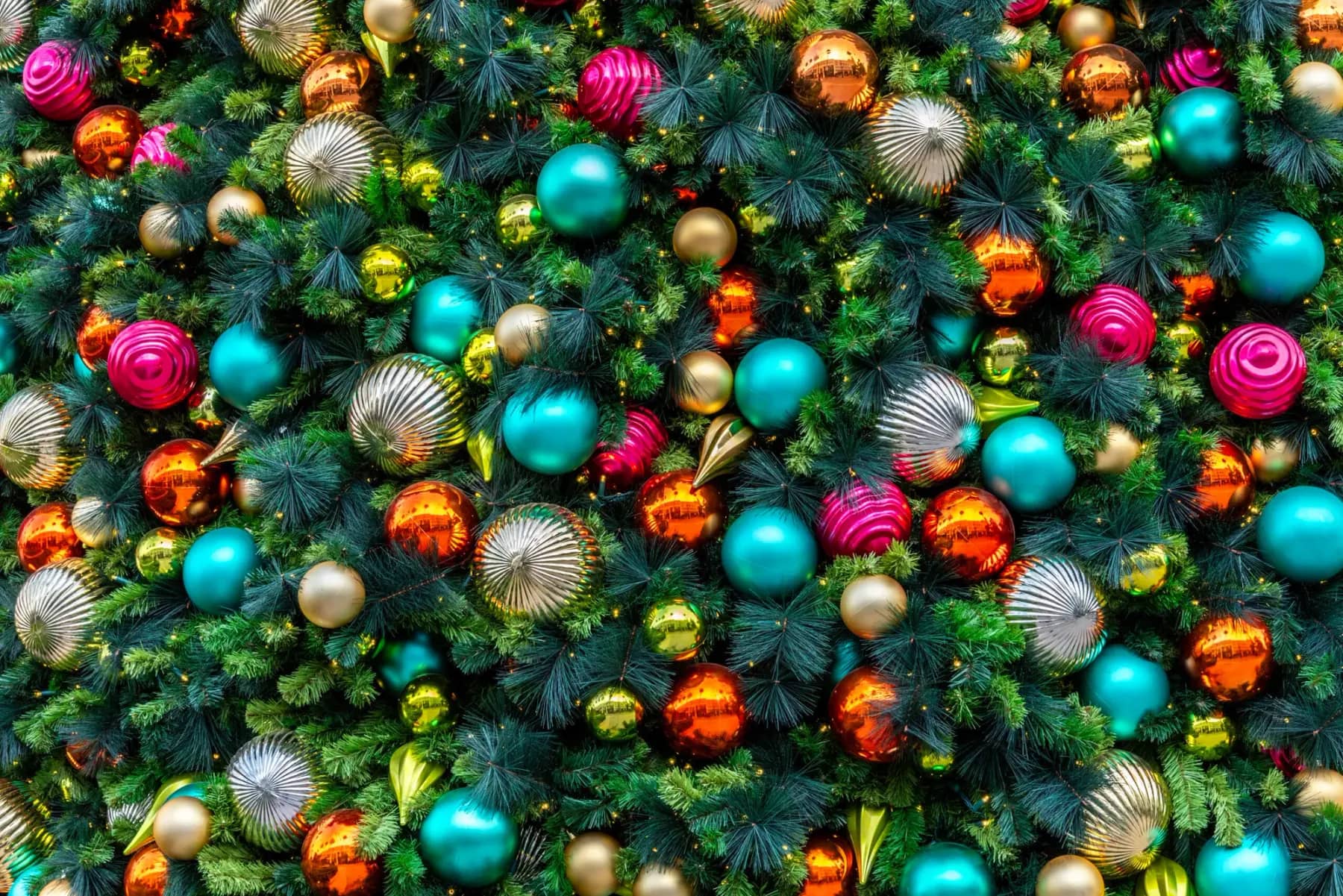 Giant commercial Christmas tree lighting a downtown square at night