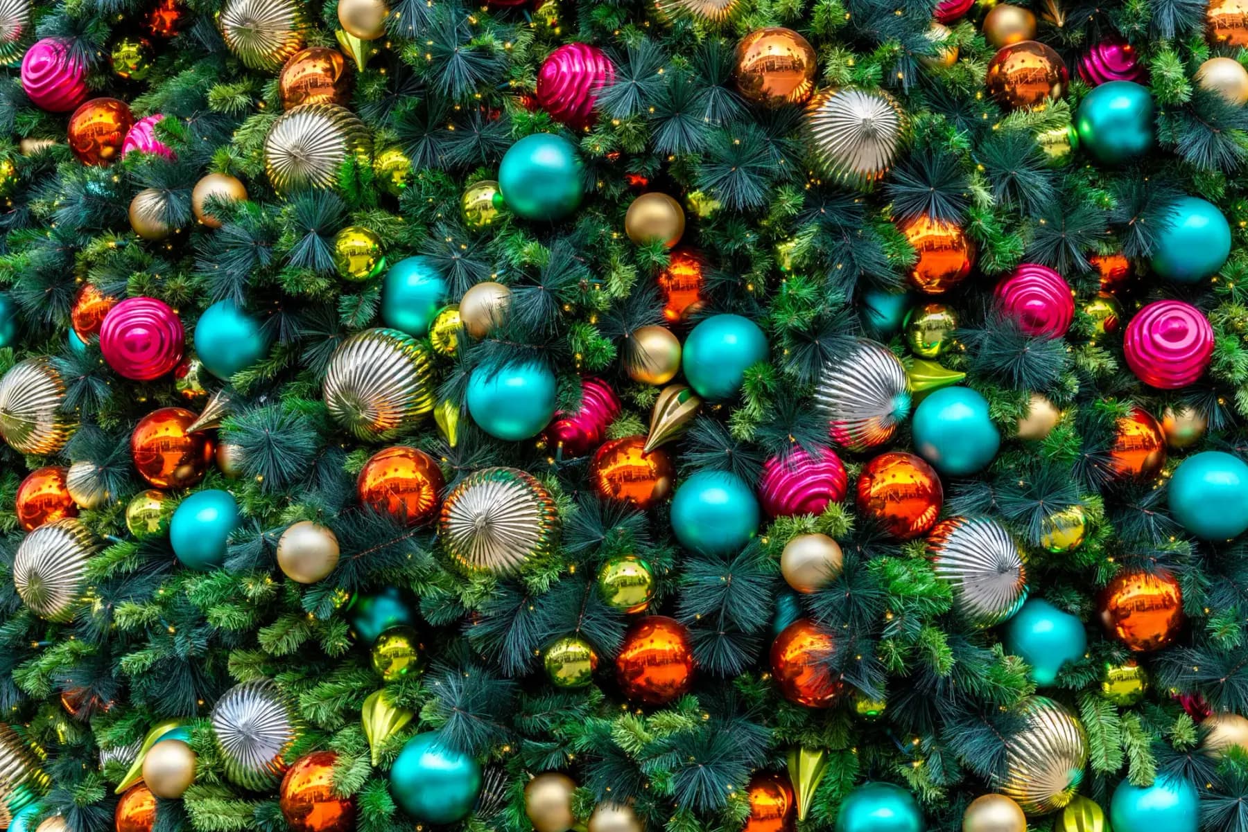 Giant commercial Christmas tree lighting a downtown square at night