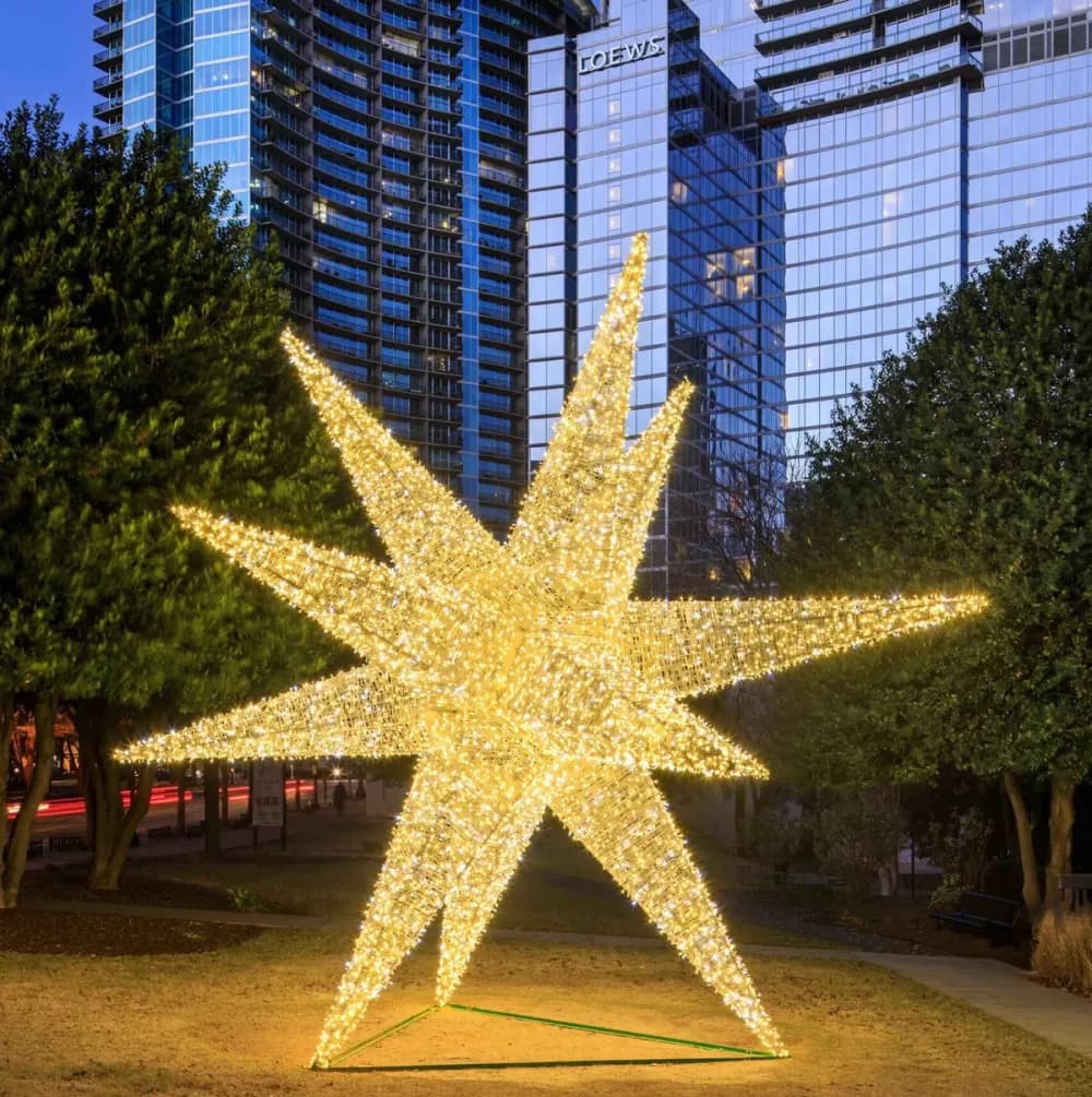 Illuminated commercial holiday display lighting a public space