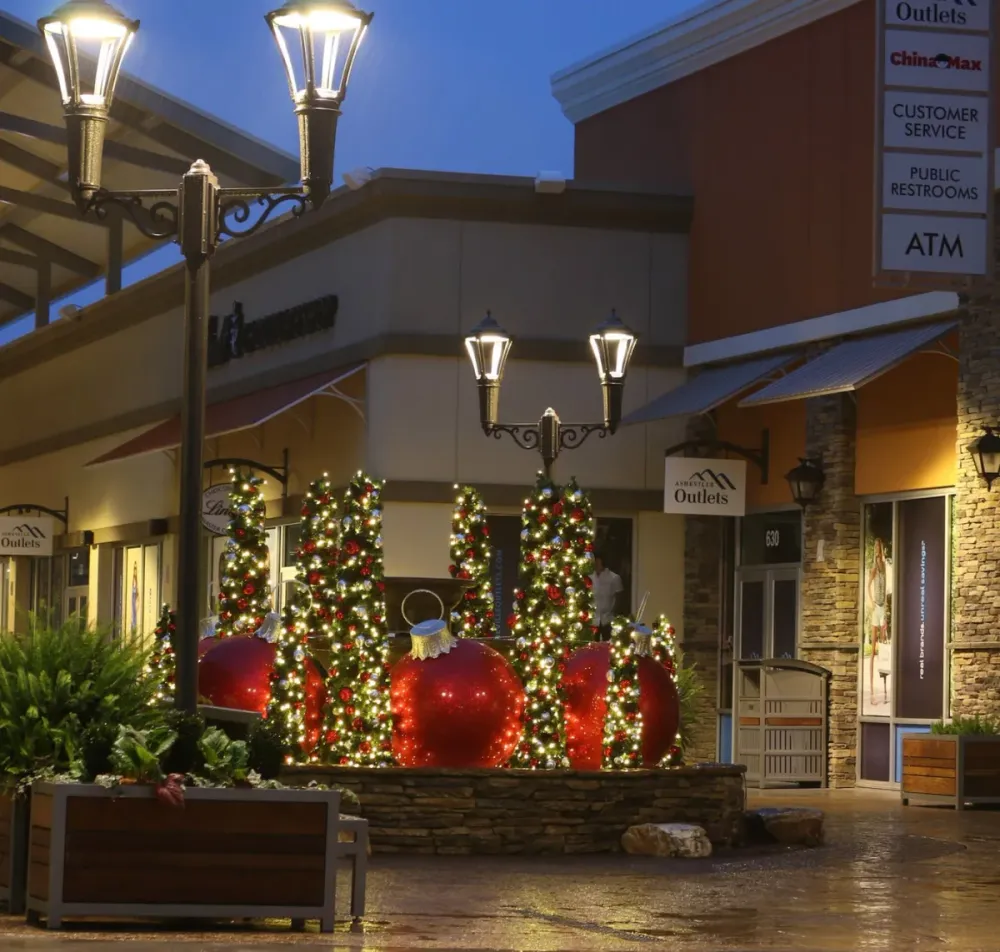 Illuminated commercial holiday display lighting a public space
