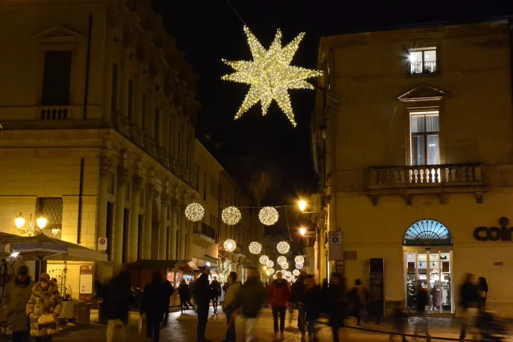 Illuminated commercial holiday display lighting a public space