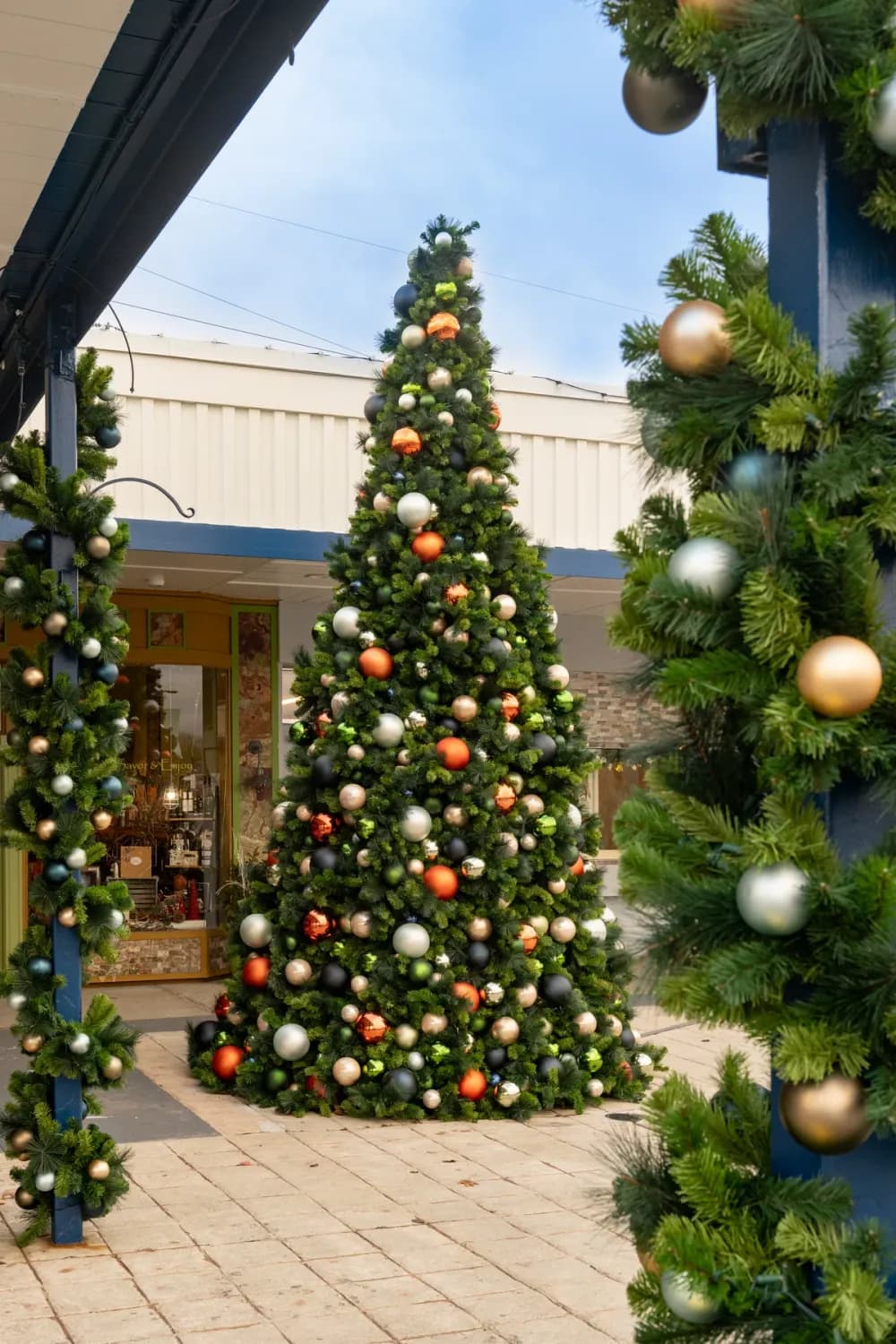 Commercial Christmas tree installed and lit on a retail plaza at night
