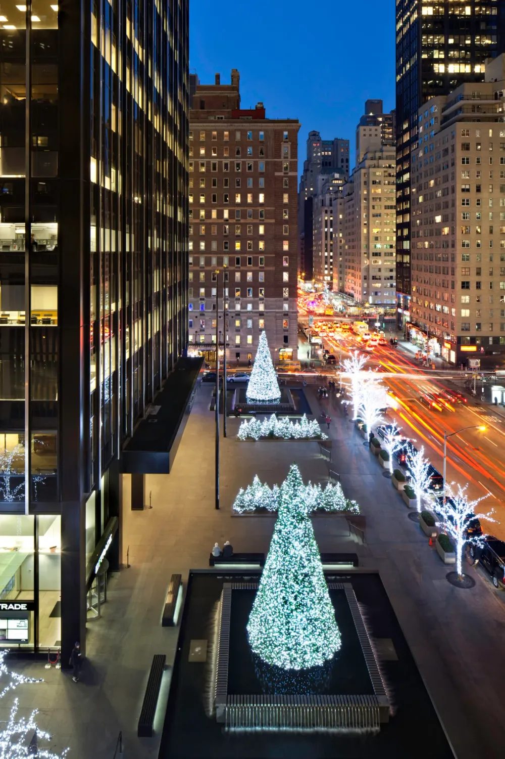 Commercial Christmas tree installed and lit on a retail plaza at night
