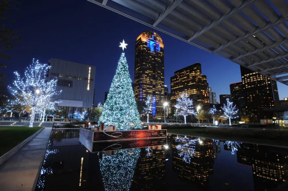 Commercial Christmas tree installed and lit on a retail plaza at night
